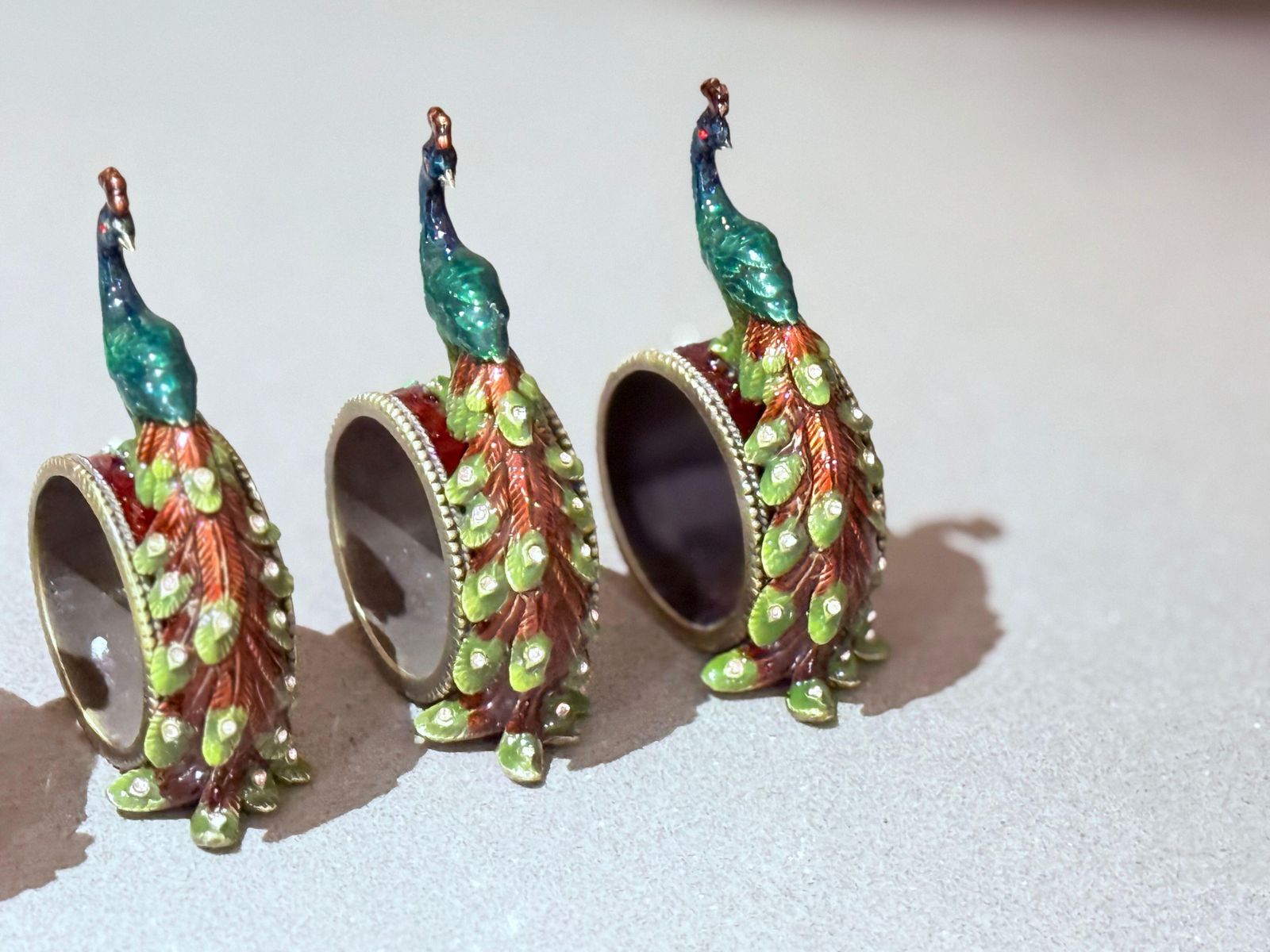 Home Decor Antique Peacock Napkin Rings & Jewl Set Of 4, Exotic Luxury Dining Accents photo
