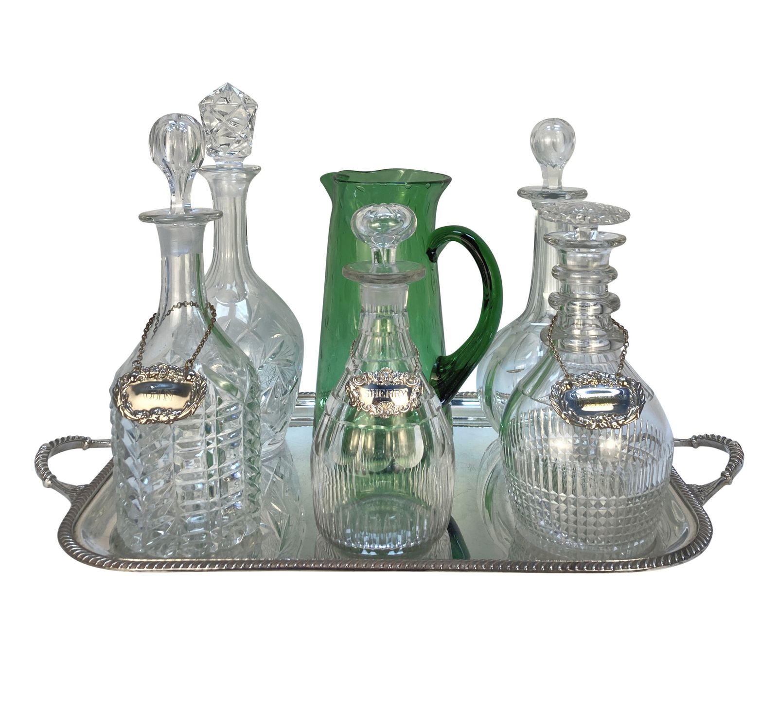A Silver Drinks Tray With Five Decanters & A Green Glass Jug