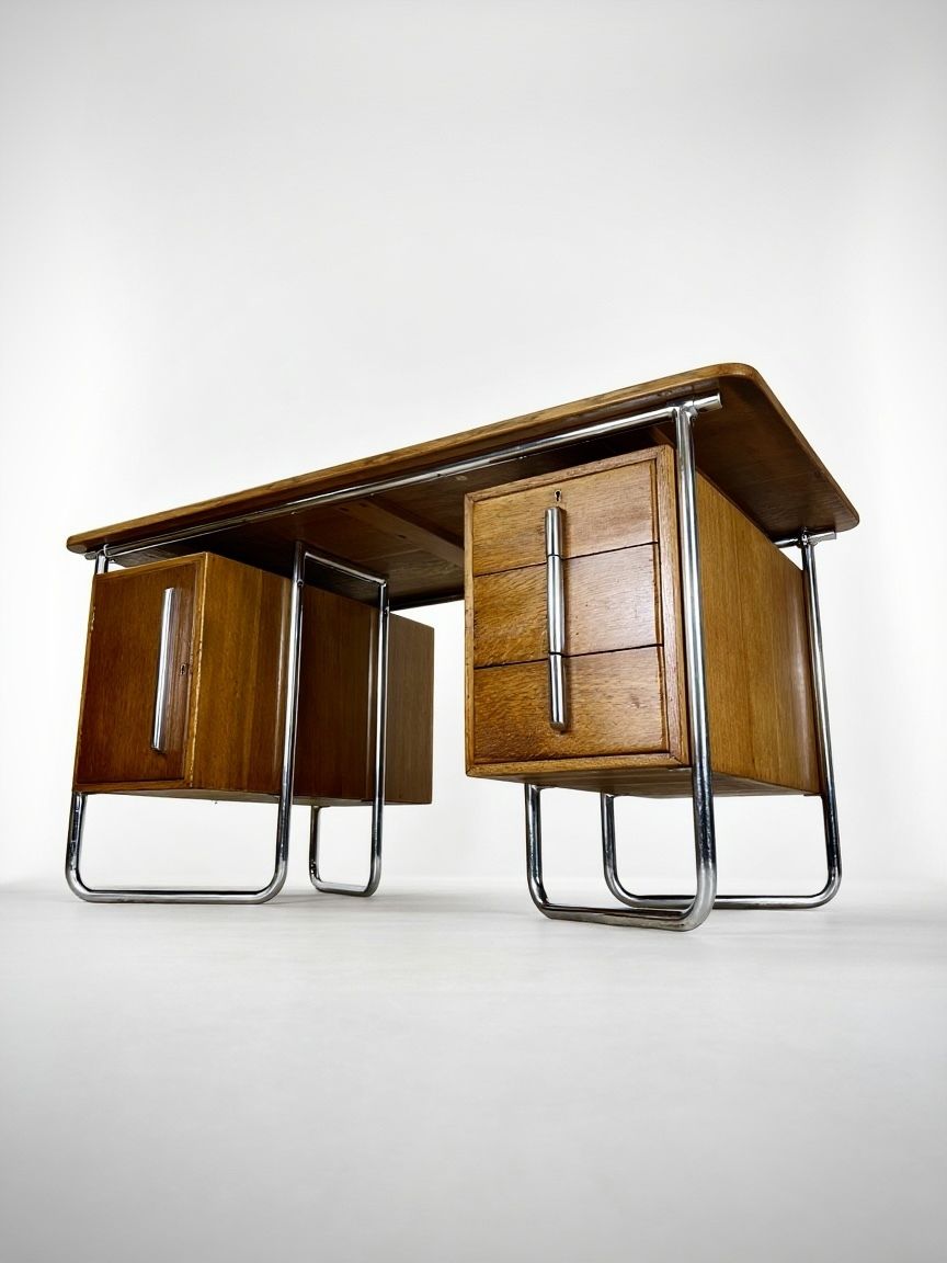 Oliver Percy Bernard For Pel Modernist Oak And Chrome Executive Desk, British C. 1931 photo for sale