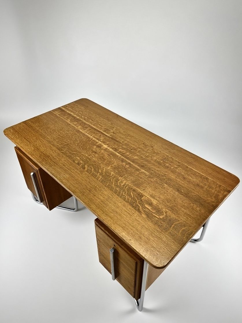 photo furniture Oliver Percy Bernard For Pel Modernist Oak And Chrome Executive Desk, British C. 1931