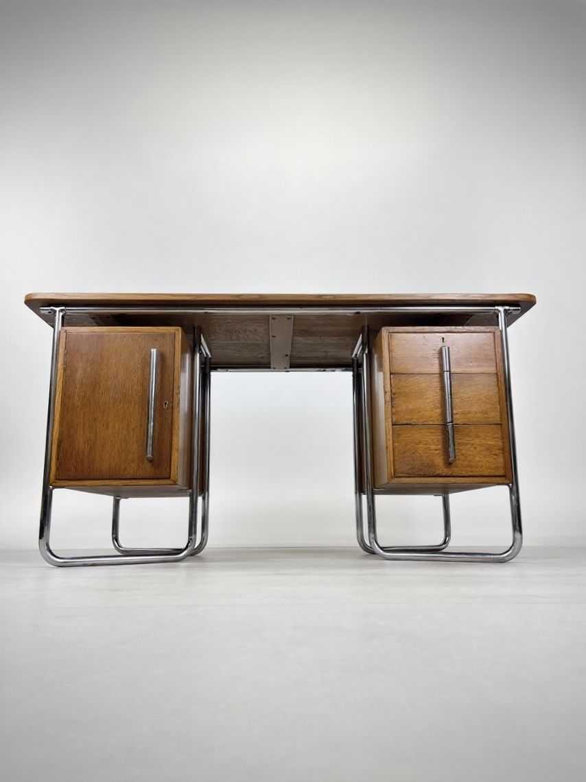 photo buy Oliver Percy Bernard For Pel Modernist Oak And Chrome Executive Desk, British C. 1931