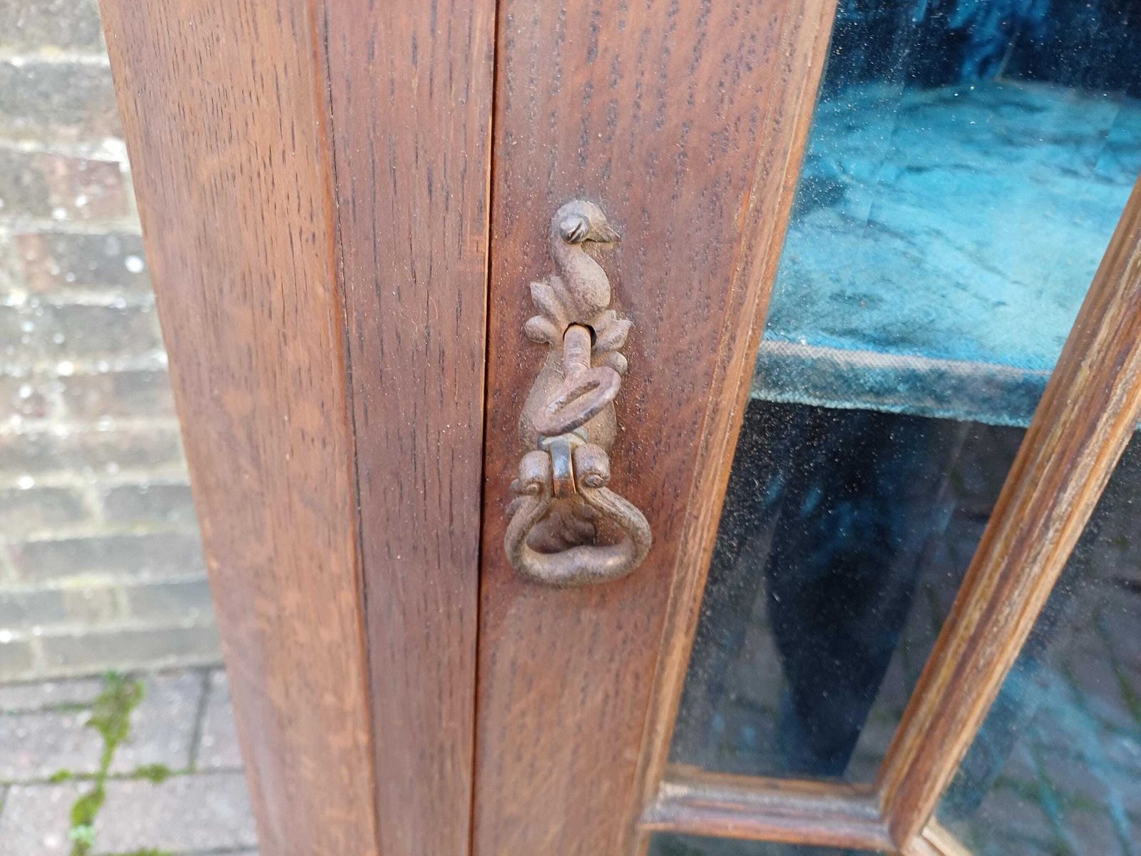 Antique Oak Glazed Corner Display Cabinet C1900 Carved Pediment & Lower Shelves Velvet Interior Bevelled Glass photo vinterior
