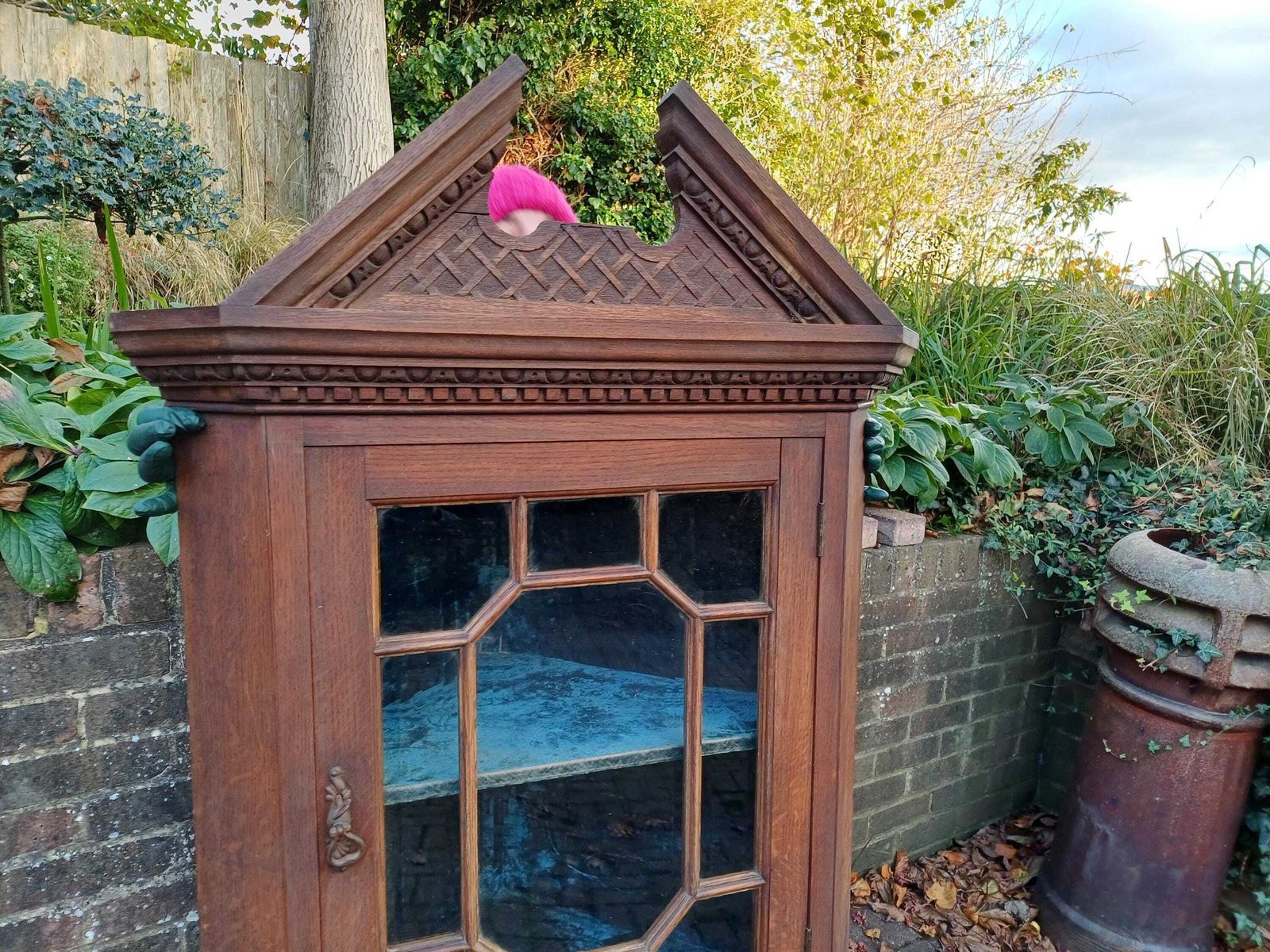 photo furniture Antique Oak Glazed Corner Display Cabinet C1900 Carved Pediment & Lower Shelves Velvet Interior Bevelled Glass