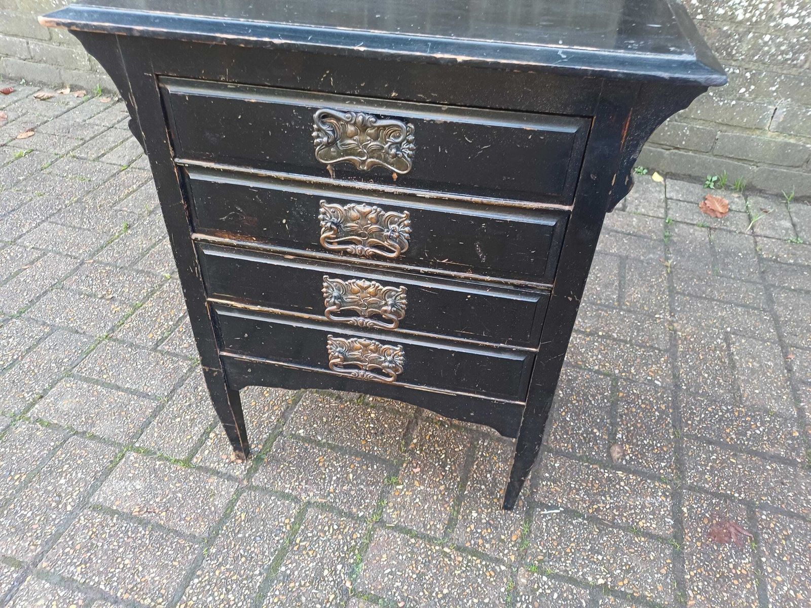 395.0 Vintage Black Painted Music Chest, 1910s Sheet Music Cabinet With Ornate Handles, Tall Narrow Storage, Antique Storage Solution Papers Etc photo