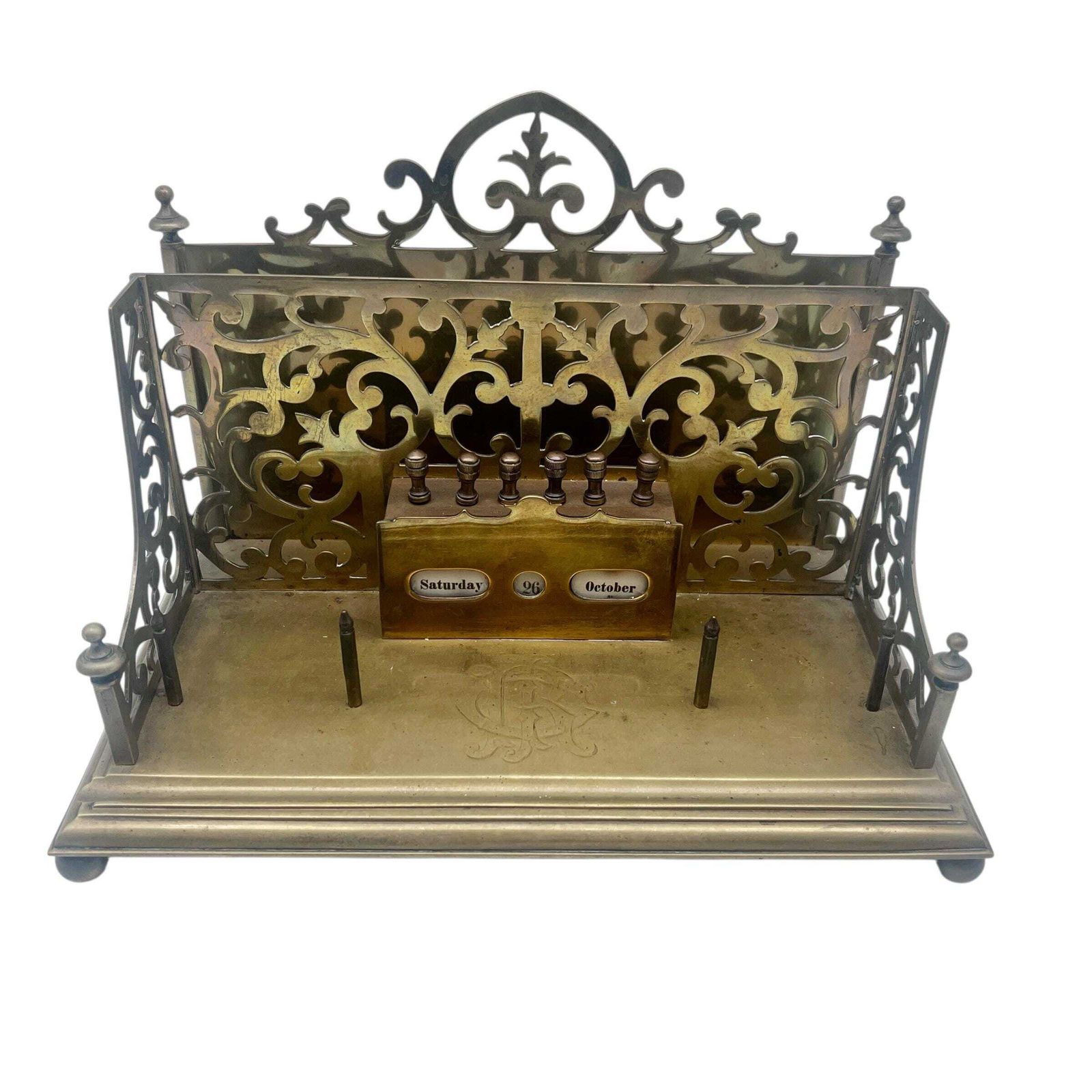 Antique Victorian Pierced Brass Letter Rack And Perpetual Calendar   Study Decor   Home Decor   Country House Decor