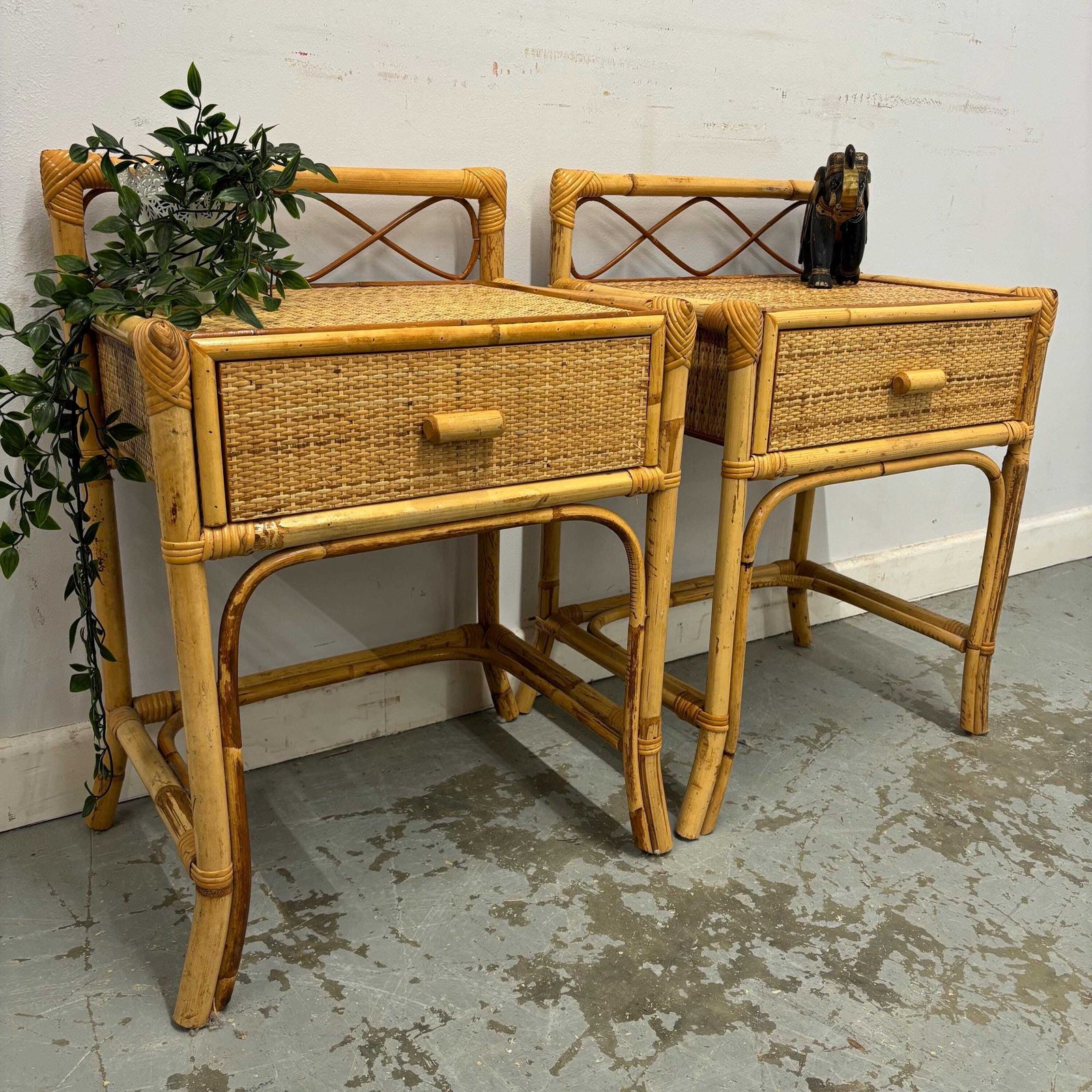 Pair Of Vintage Rattan Bedside Tables, Boho Bamboo Nightstands With Drawers, Woven Cane Side Tables, Coastal Bedroom Furniture Set