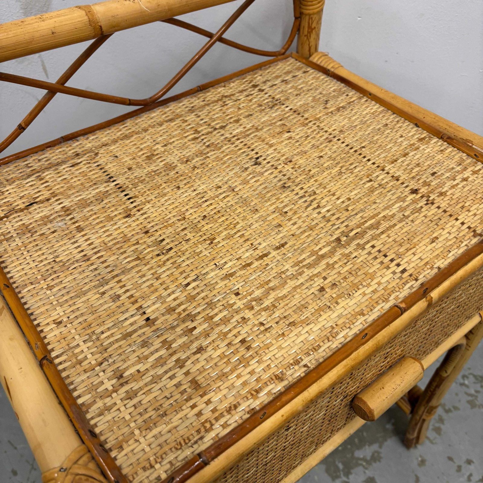 photo furniture Pair Of Vintage Rattan Bedside Tables, Boho Bamboo Nightstands With Drawers, Woven Cane Side Tables, Coastal Bedroom Furniture Set