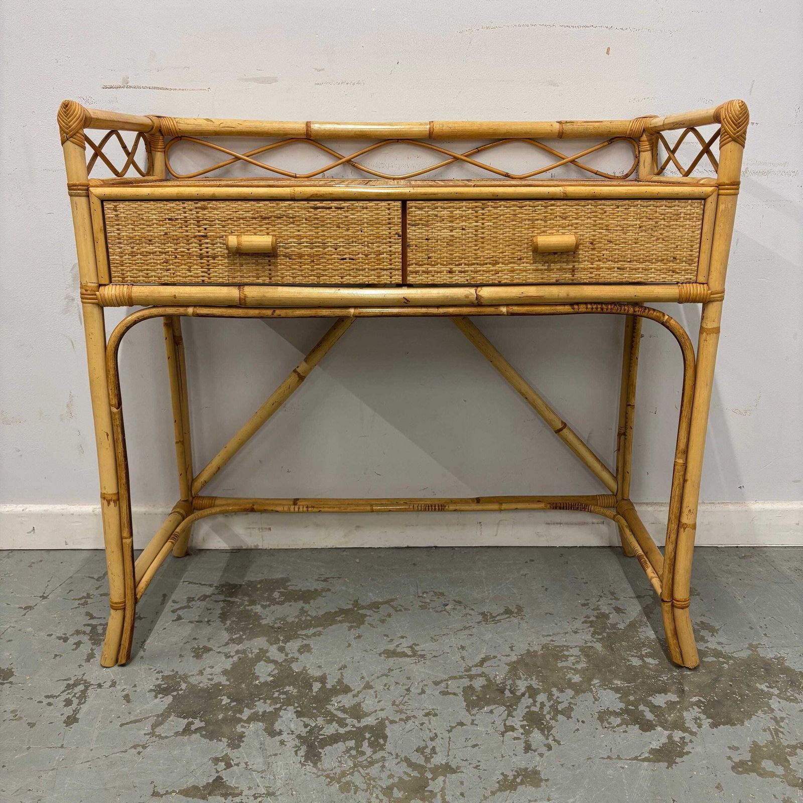 Vintage Bamboo Rattan Console / Dressing Table With Drawers, Boho Woven Cane Table, Natural Coastal Furniture, Lightweight Hall Table photo vintage