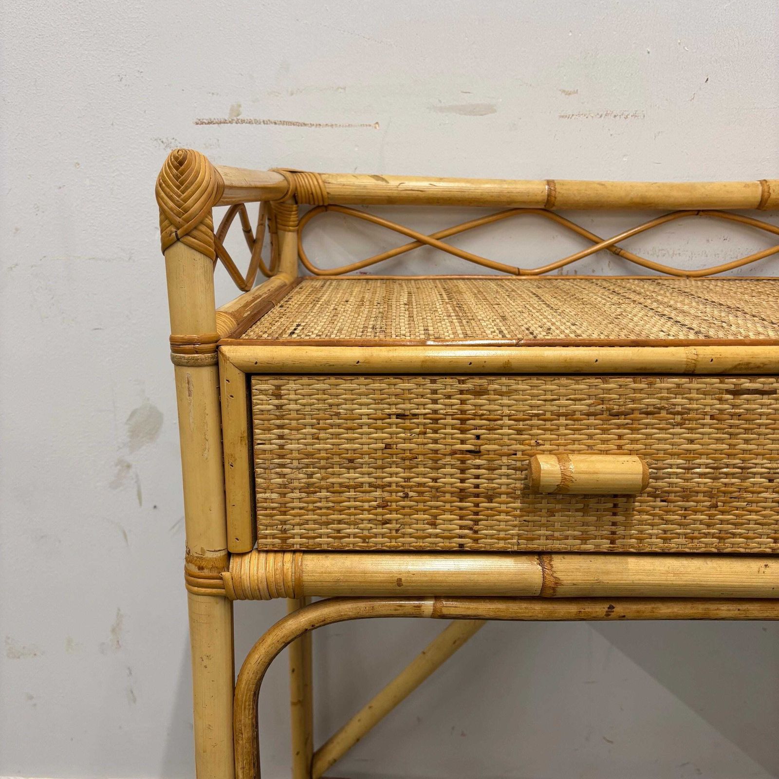 Furniture Vintage Bamboo Rattan Console / Dressing Table With Drawers, Boho Woven Cane Table, Natural Coastal Furniture, Lightweight Hall Table photo