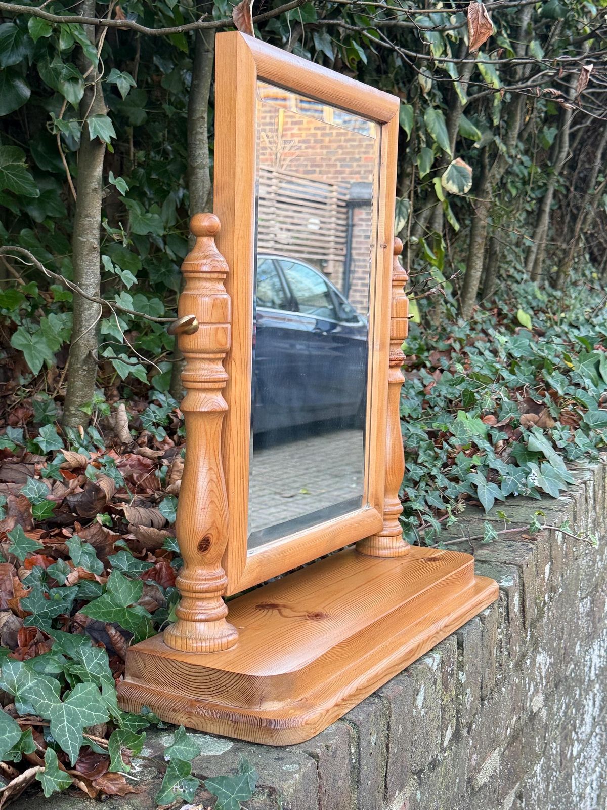 Vintage 1980s Wooden Swivel Dressing Table Mirror – Rustic Pine Country Farmhouse Vanity Décor photo furniture
