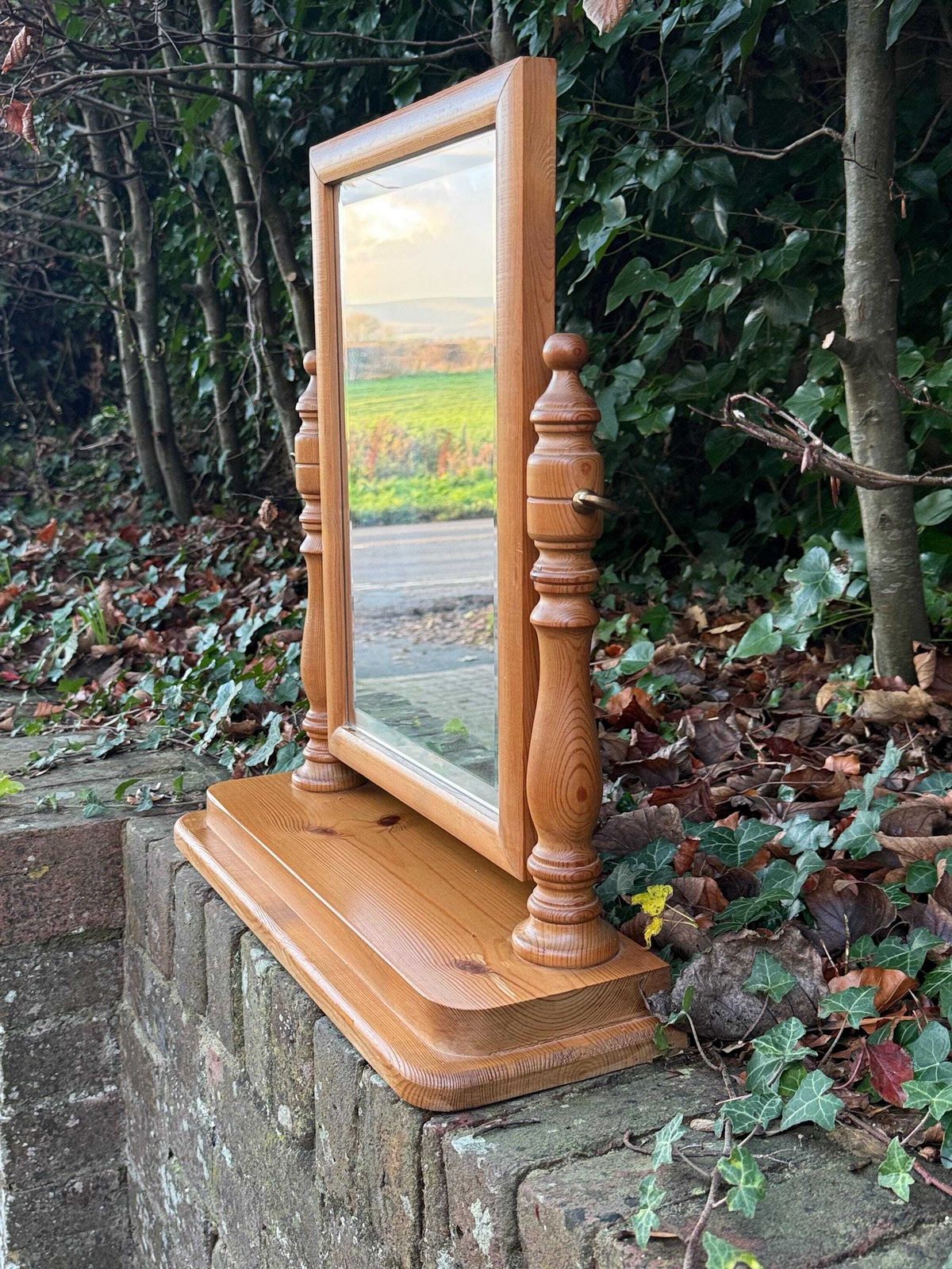 Vintage 1980s Wooden Swivel Dressing Table Mirror – Rustic Pine Country Farmhouse Vanity Décor photo for sale
