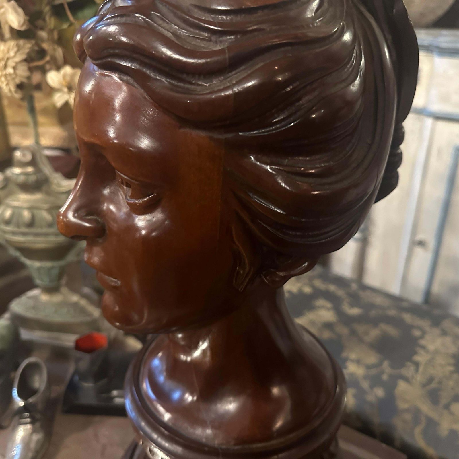 photo for sale A Sicilian Art Nouveau Wood Sculpture Of A Bust Of A Young Woman