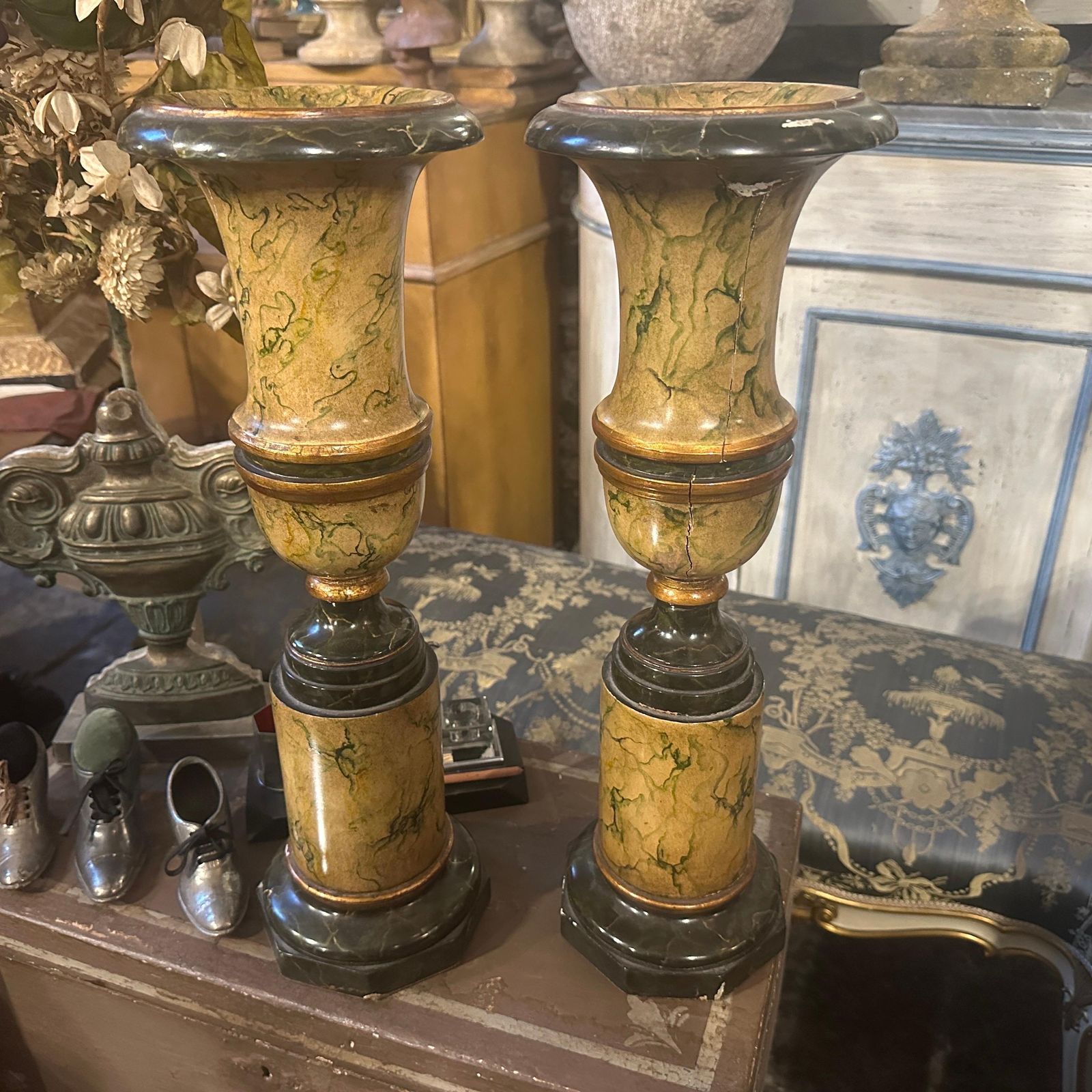 photo for sale Two Art Deco Faux Marble Lacquered Wood Italian Vases
