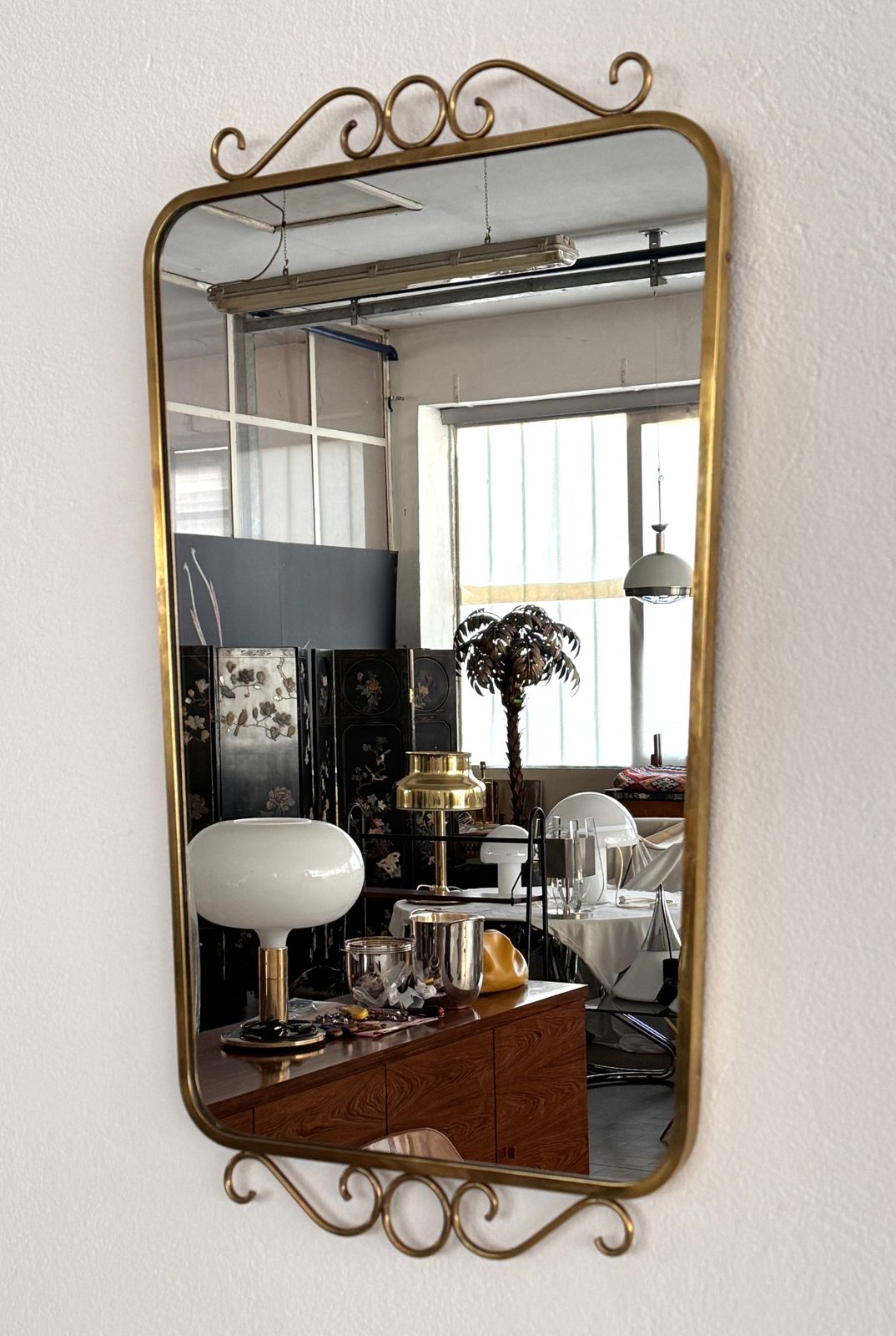 Italian Midcentury Brass Wall Mirror In Gio Ponti Style, 1970s photo furniture