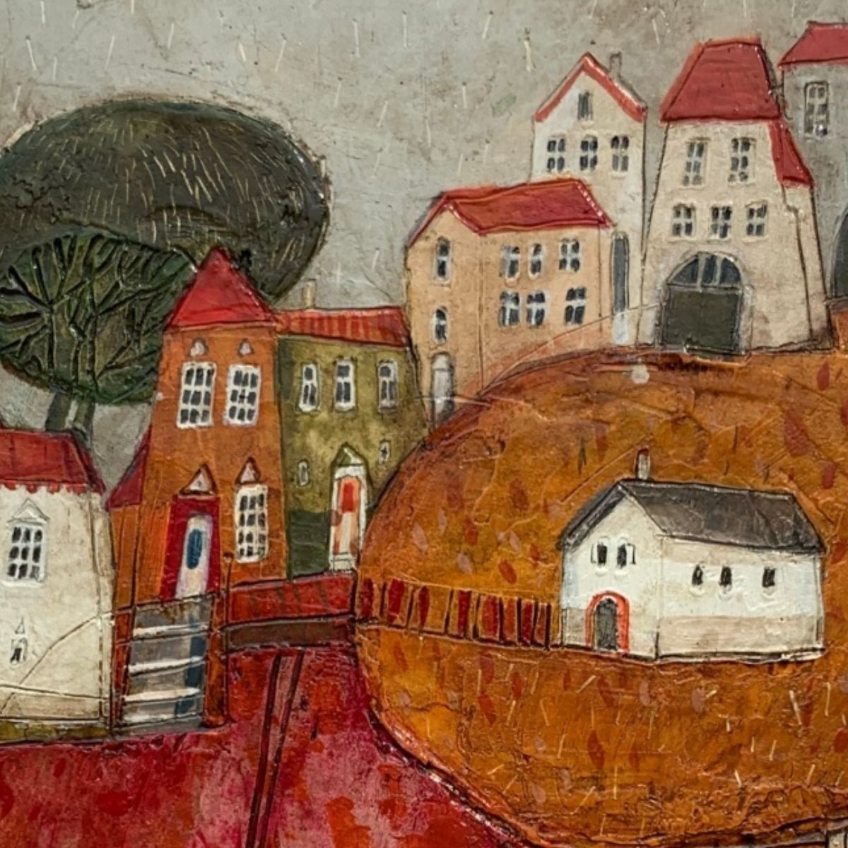 Dominika Stawarz Burskaa Town 11. Contemporary Figurative Mixed Media Artwork, Landscape, Polish Art2023 photo for sale