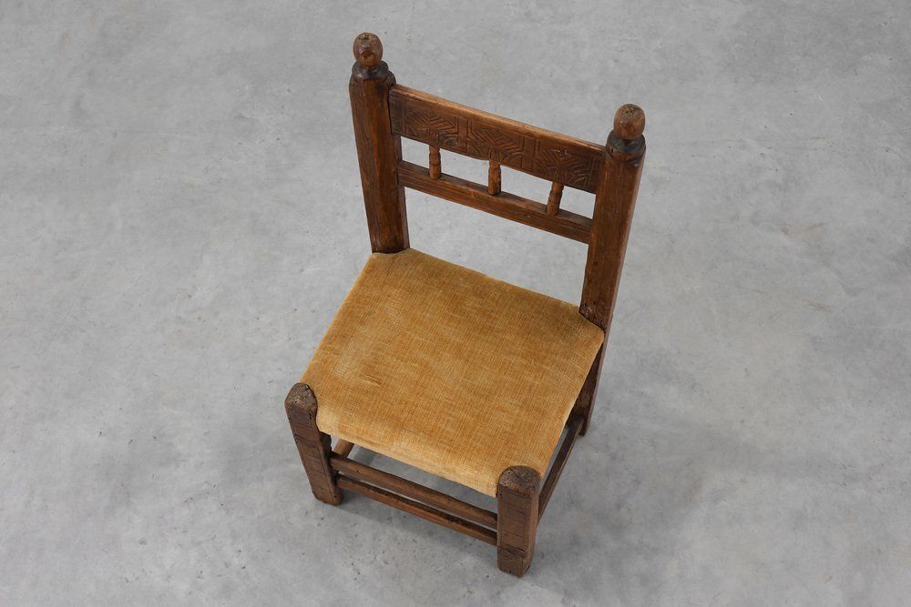 photo for sale Spanish Hand Carved Oak Side Chair With Velour Seat, 19th Century