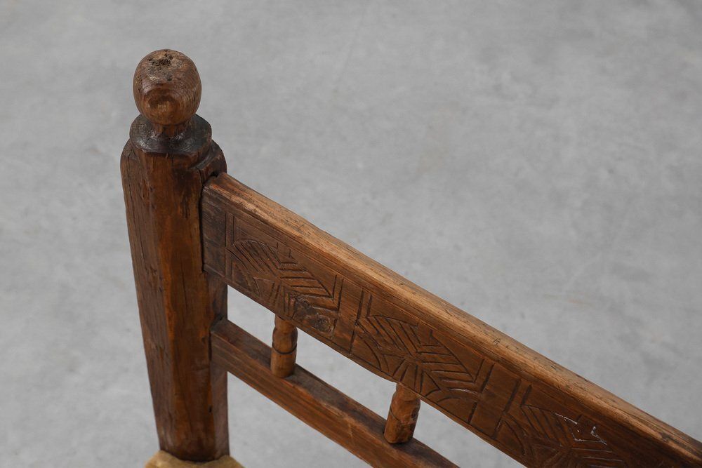 Furniture Spanish Hand Carved Oak Side Chair With Velour Seat, 19th Century photo
