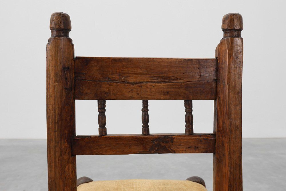 Spanish Hand Carved Oak Side Chair With Velour Seat, 19th Century photo for sale
