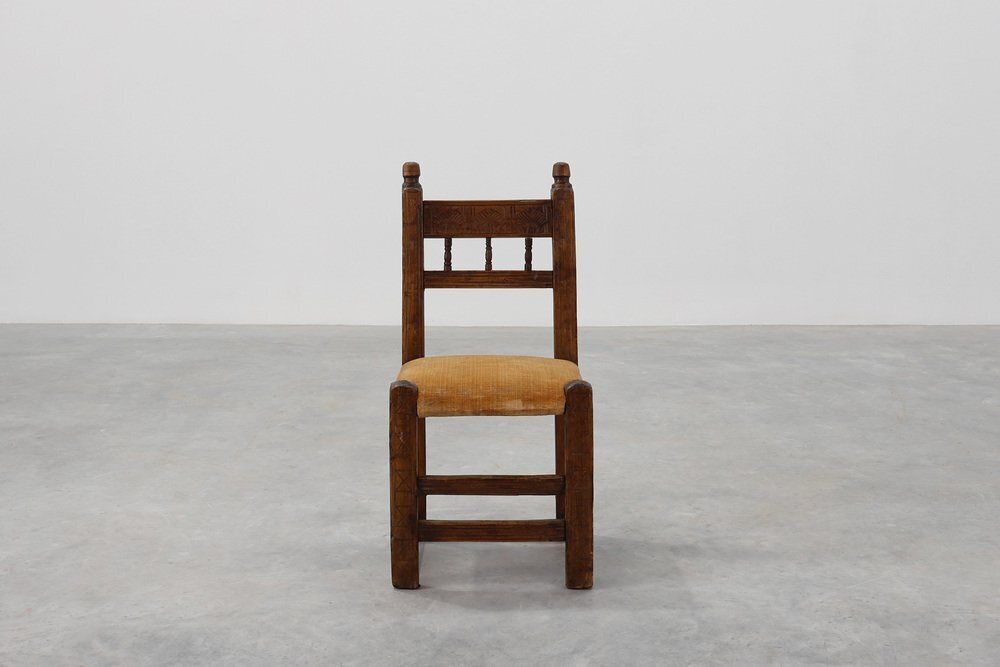 Spanish Hand Carved Oak Side Chair With Velour Seat, 19th Century photo 1057.0