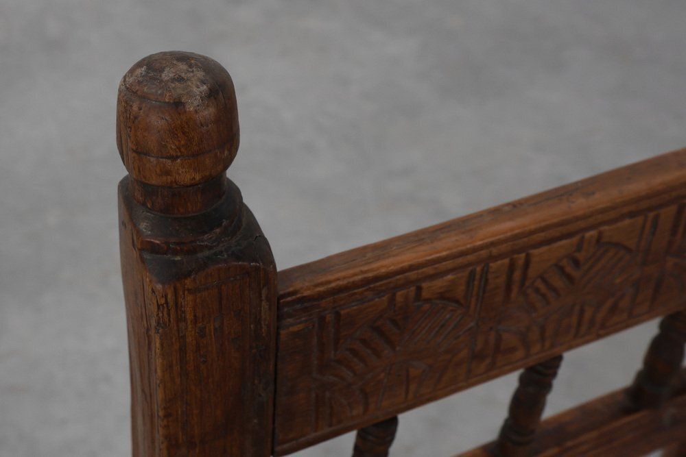 Furniture Spanish Hand Carved Oak Side Chair With Velour Seat, 19th Century photo