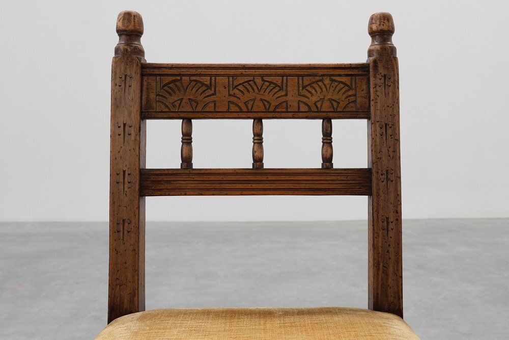 Spanish Hand Carved Oak Side Chair With Velour Seat, 19th Century photo for sale