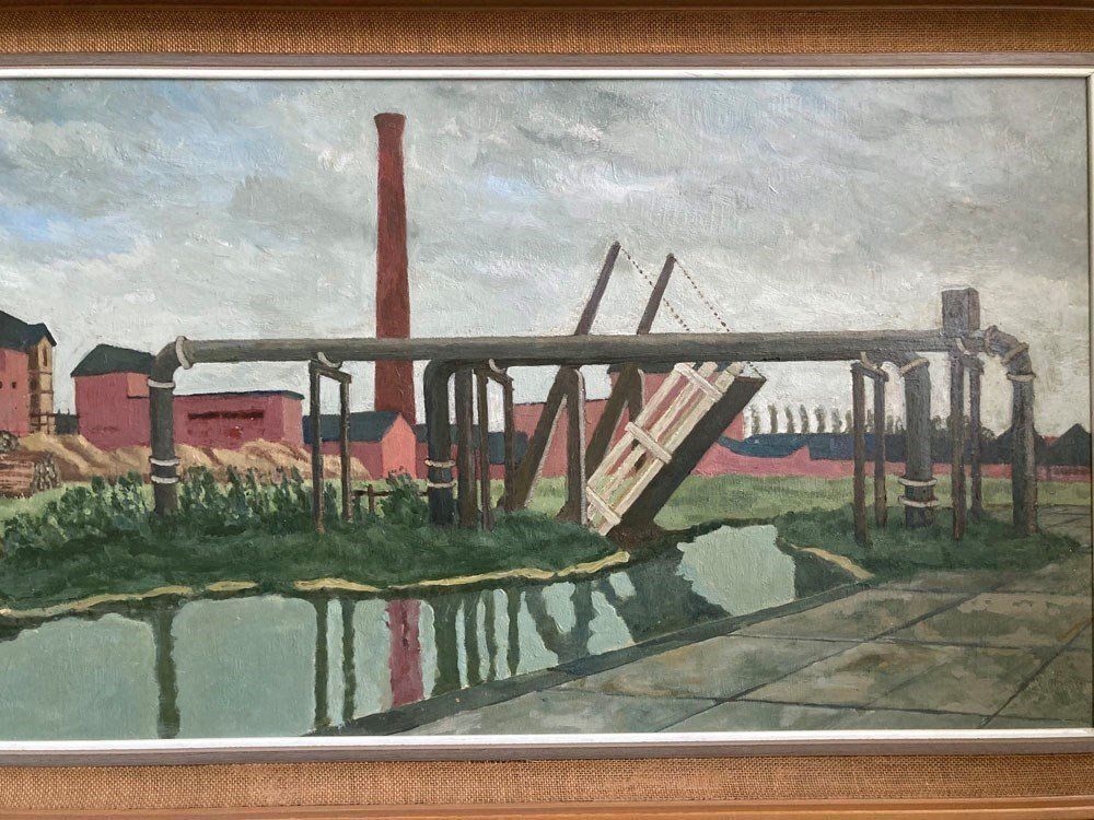 Industrial Canal Landscape Oil Painting photo for sale