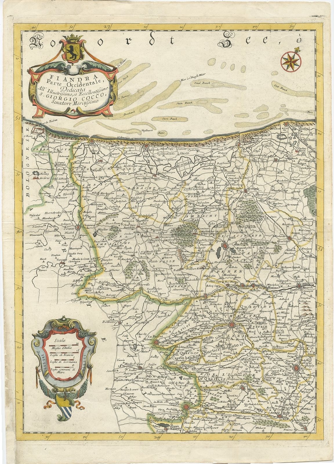 Antique Map Of Northern Belgium (Flanders) By Coronelli (1697)