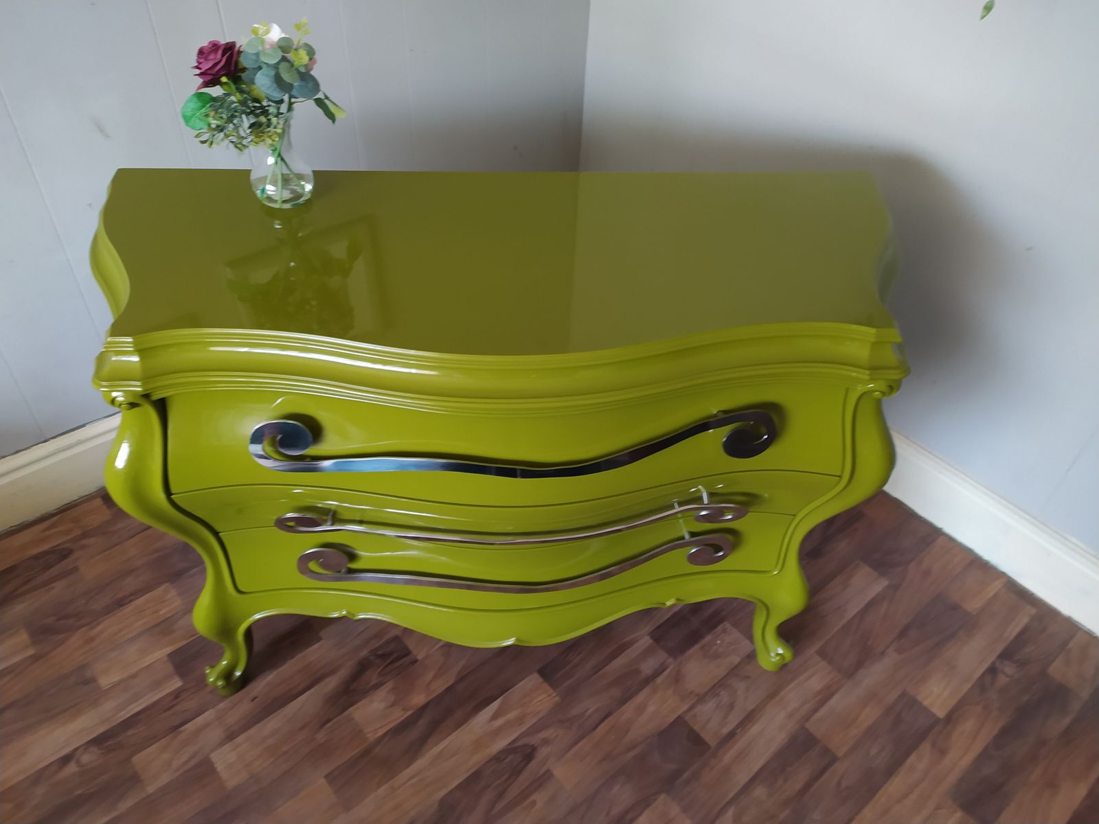 Green Lacquered Chest Of Drawers: Creazioni Berto Steel Handle Dresser photo vintage