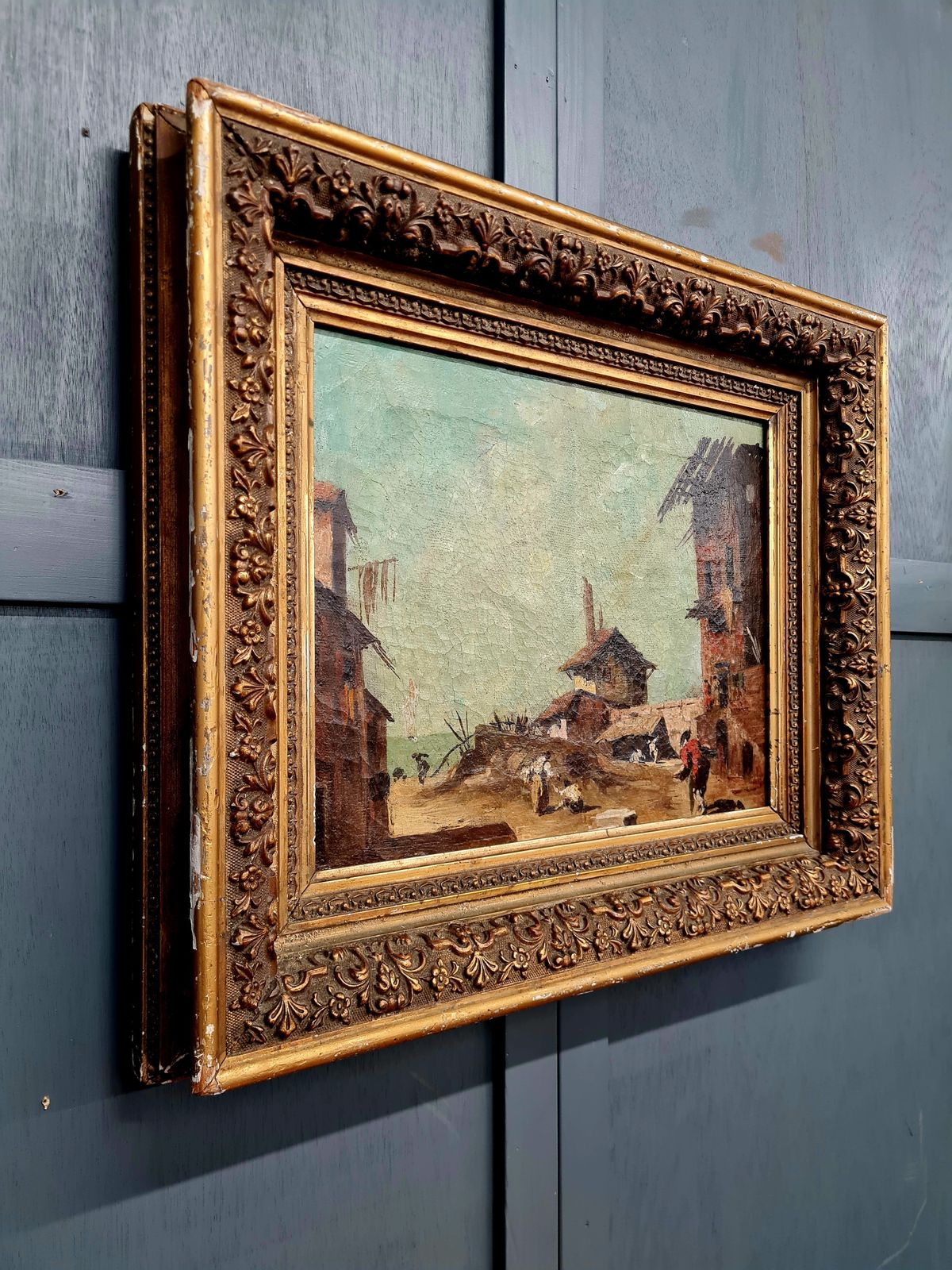 19th Century Continental Rustic Village Oil Painting In Original Gilt Frame C.1855–1875