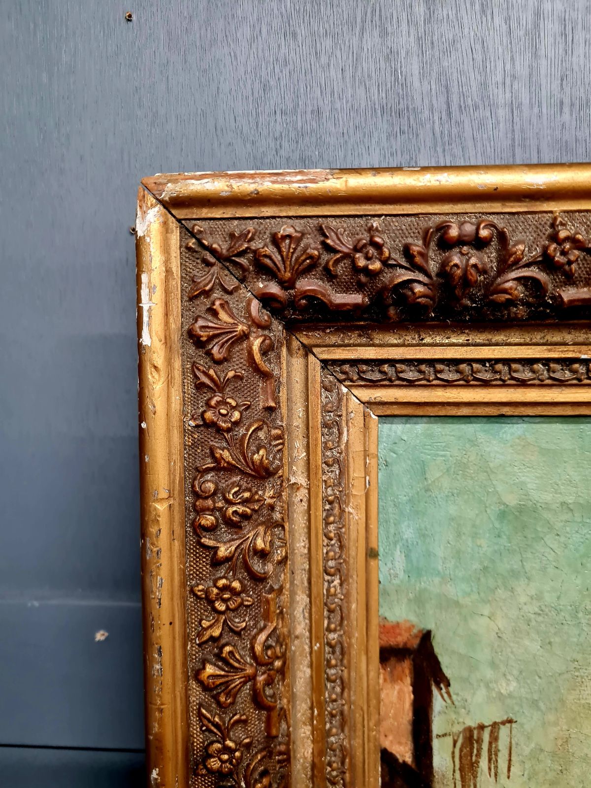 19th Century Continental Rustic Village Oil Painting In Original Gilt Frame C.1855–1875 photo buy