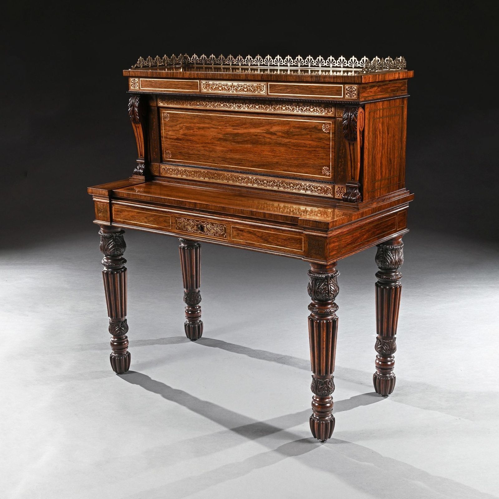 An Extremely Fine Rosewood And Brass Inlaid Writing Table Attributed To Gillows Oxford Street Workshop