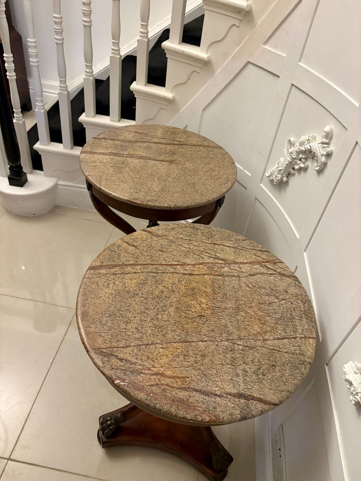 Antique Early 20th Century Quality Pair Of French Marble Top Gueridon Side Tables photo vintage