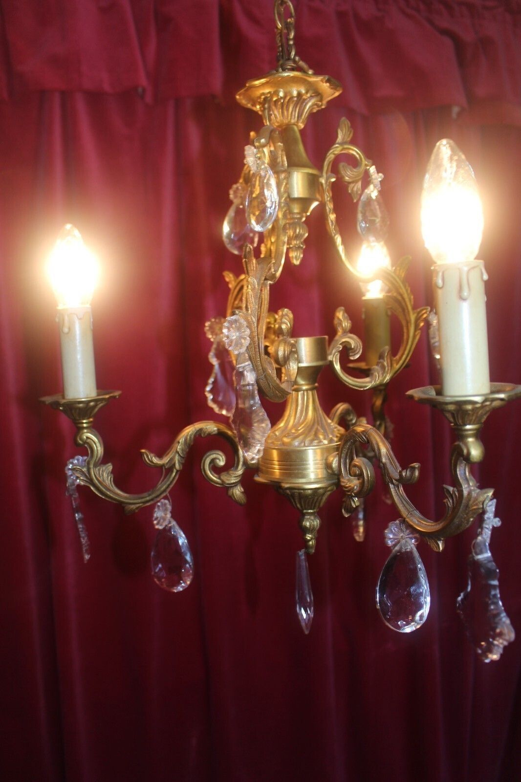 Antique French Bronze & Crystal Rococ 3 Arms Chandelier photo for sale