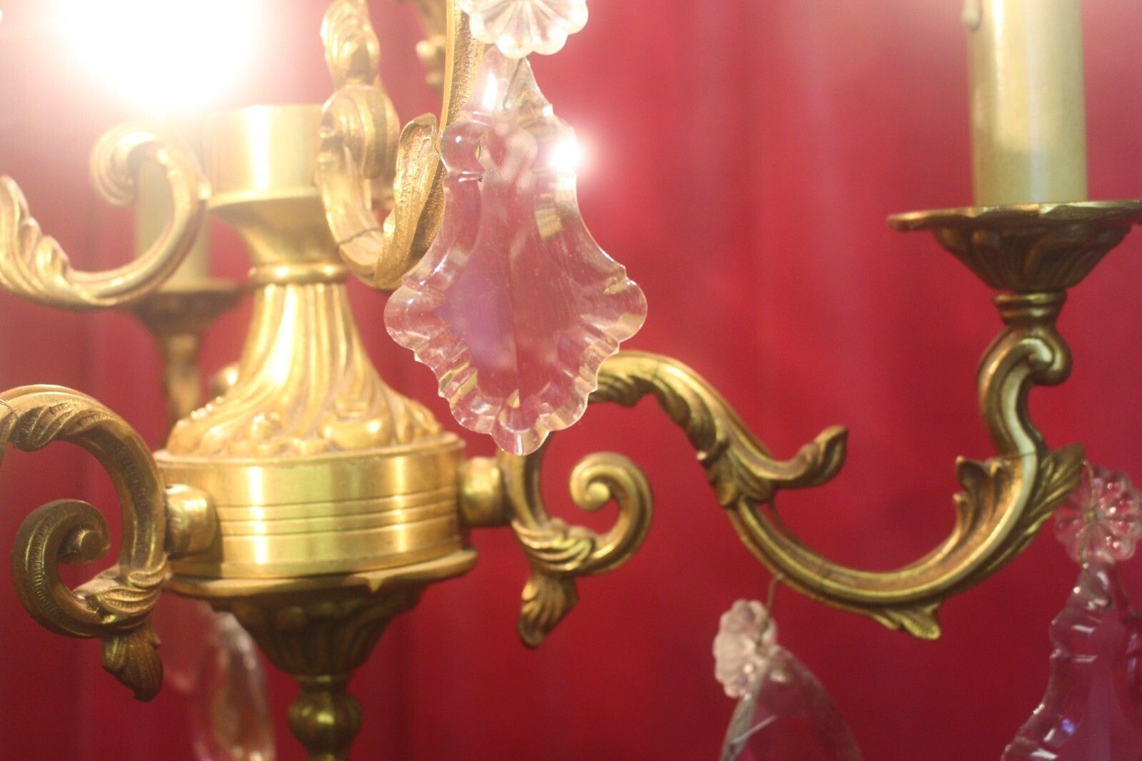 photo furniture Antique French Bronze & Crystal Rococ 3 Arms Chandelier