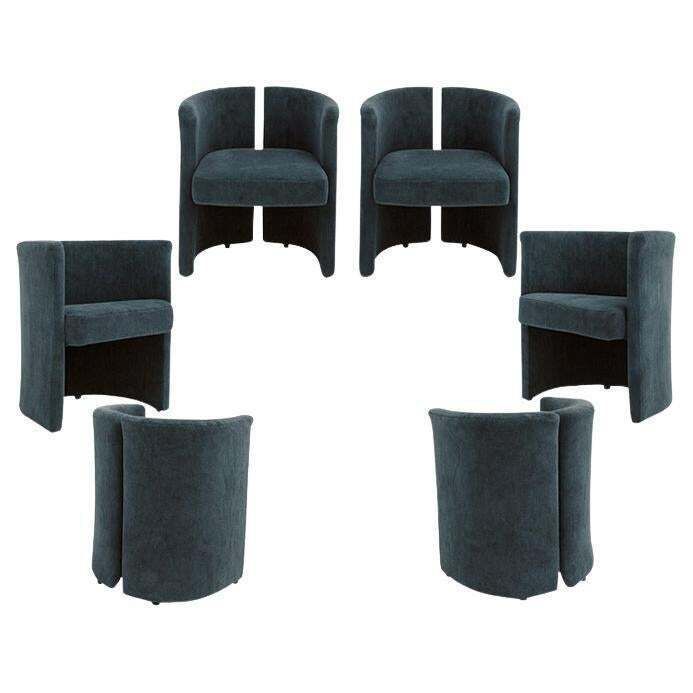 Mid Century Modern Italian Curved Chairs In Blue Velvet, Set Of Six