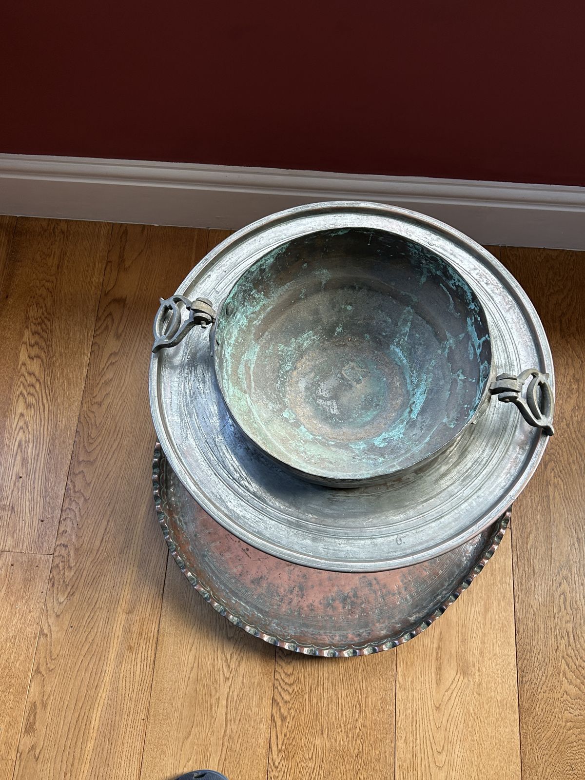 18th/19th Century Ottoman Turkish Brazier Tinned Copper & Brass Handles photo for sale
