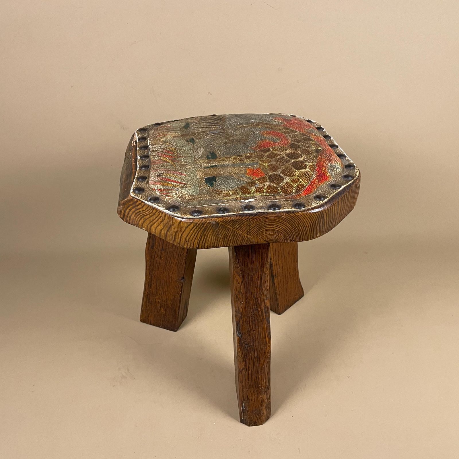 Antique Wooden Foot Stool Wood Furniture Footstool Seat 35x30x28cm Hand Painted Animal Patterned Pattern Leather Studded Studs Old 3 Legs