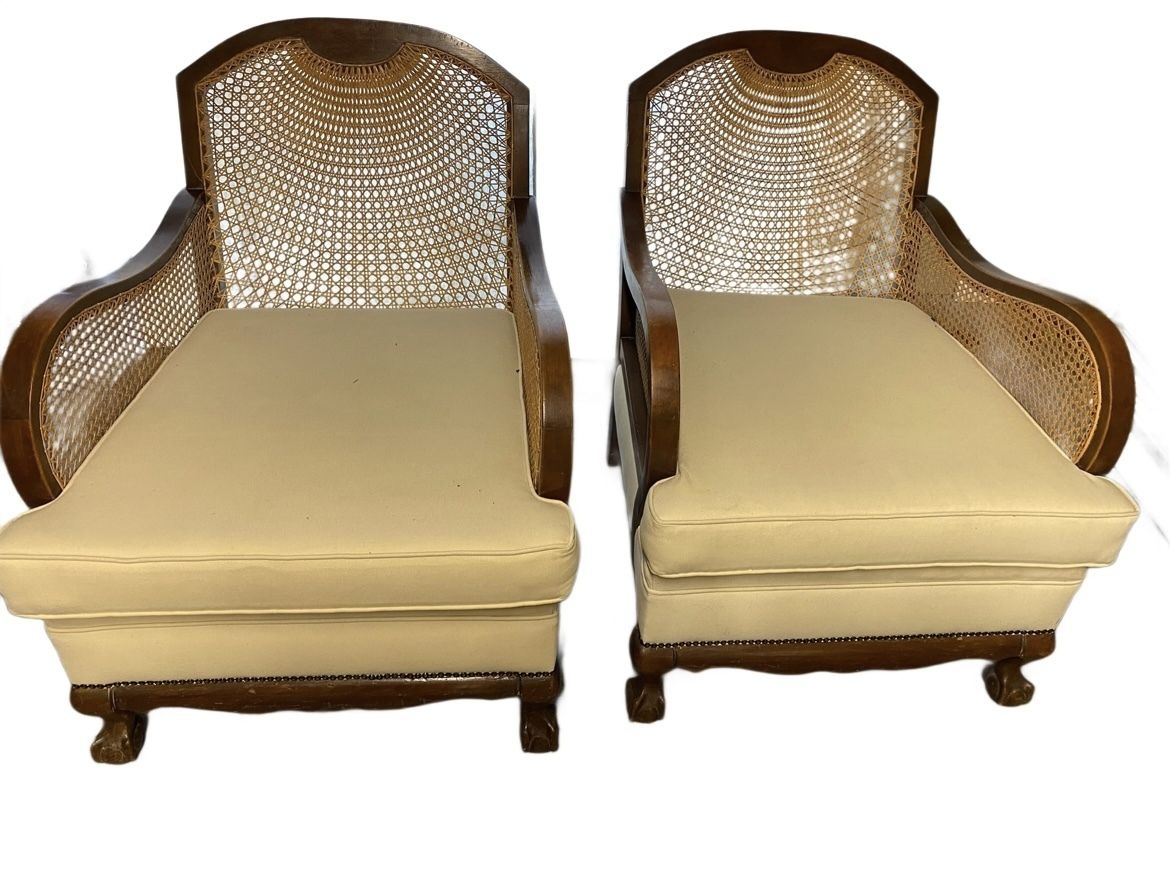 Pair Of Vintage French Bergère Armchairs In Cane & Carved Wood