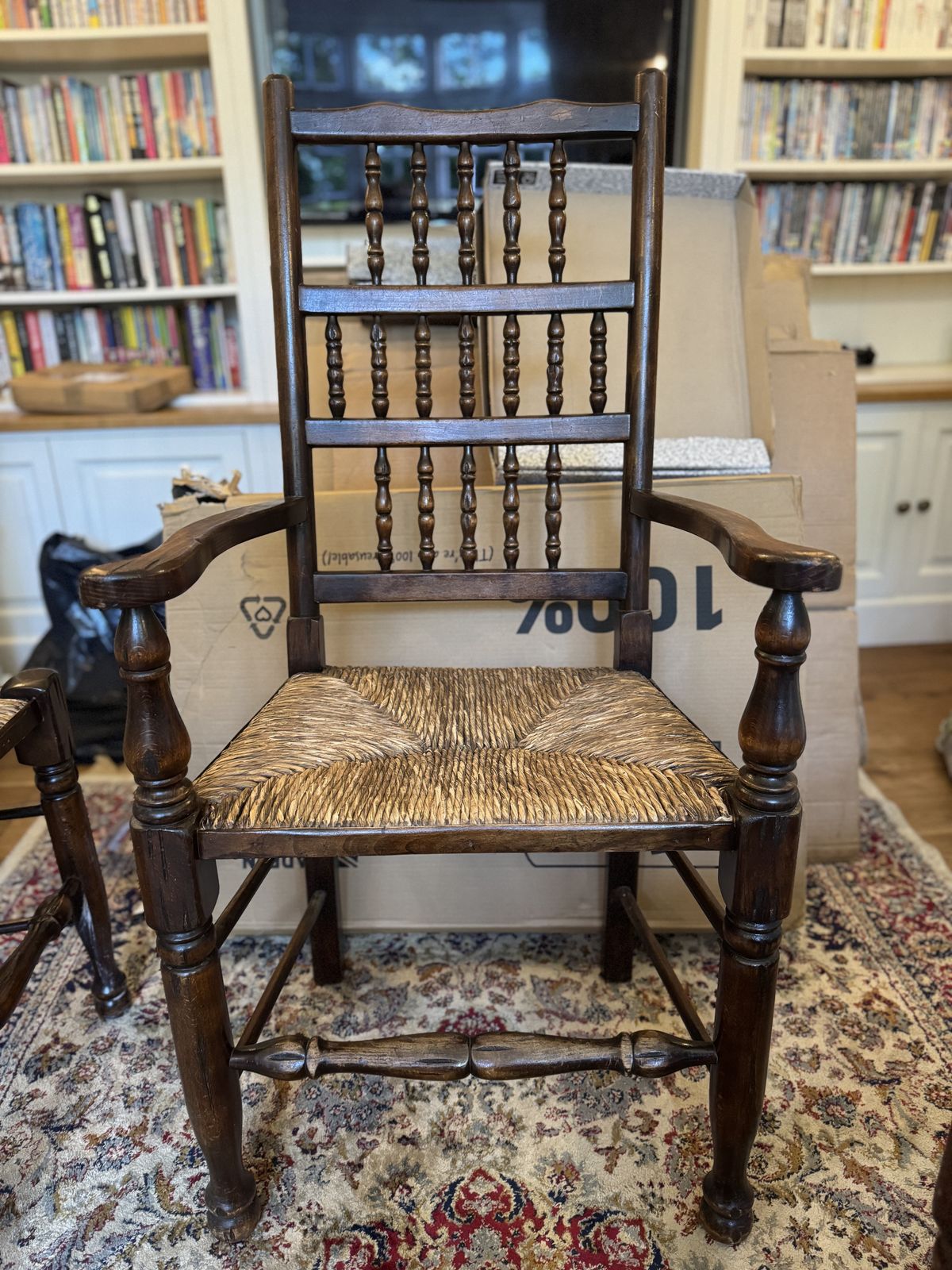 8 Vintage, French Oak, Spindle Back, Rush Seat Farmhouse Chairs photo furniture