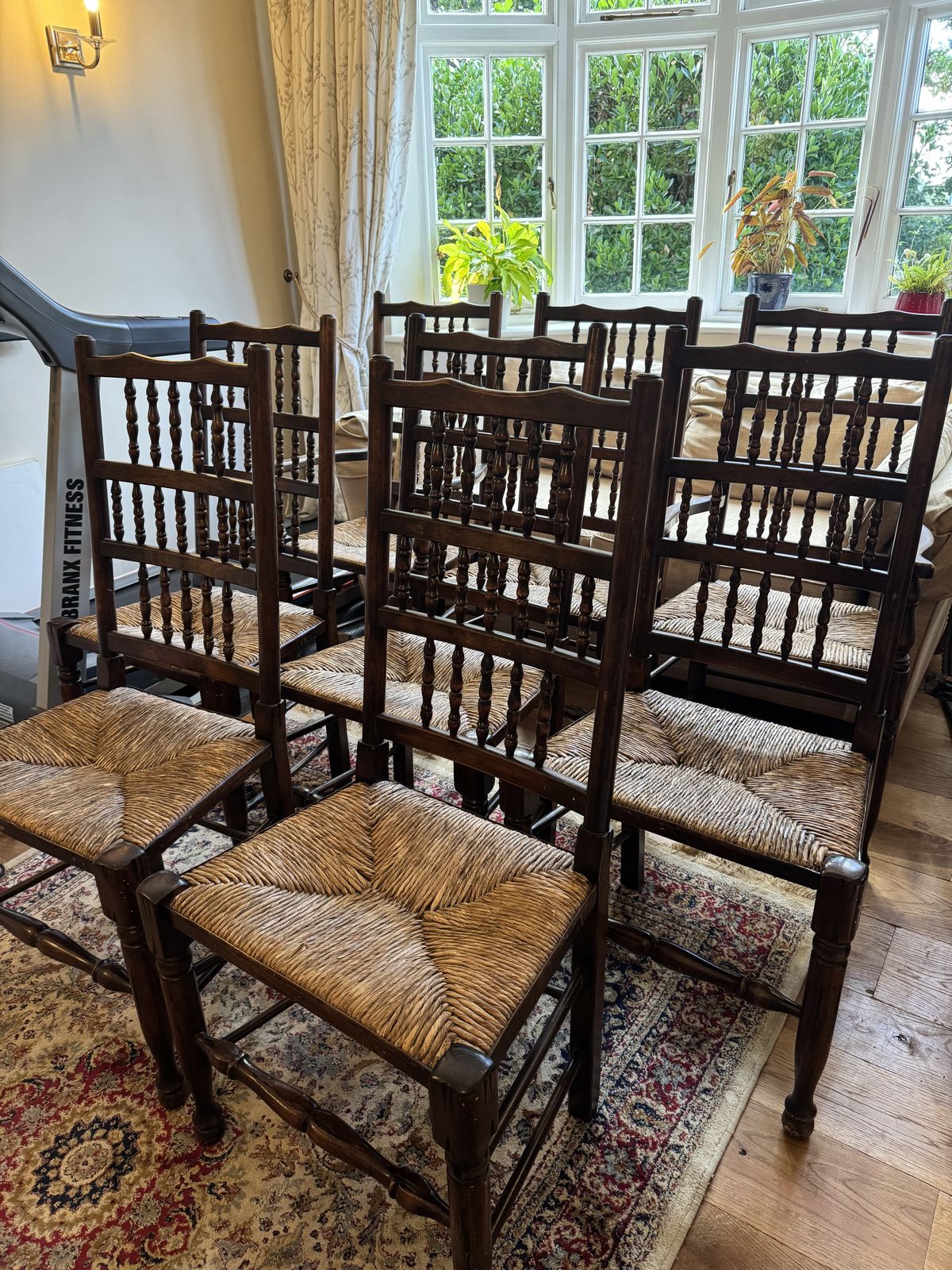 8 Vintage, French Oak, Spindle Back, Rush Seat Farmhouse Chairs