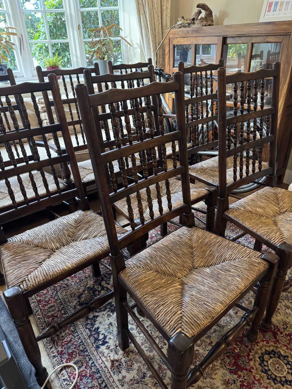 8 Vintage, French Oak, Spindle Back, Rush Seat Farmhouse Chairs photo Furniture