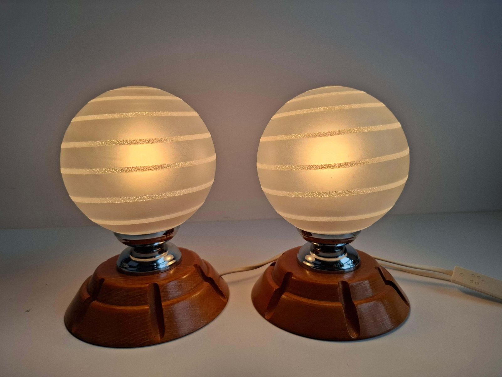 Pair Of Mid Century Czech Wood And Frosted Glass Table Lamps, 1990 photo 373.0