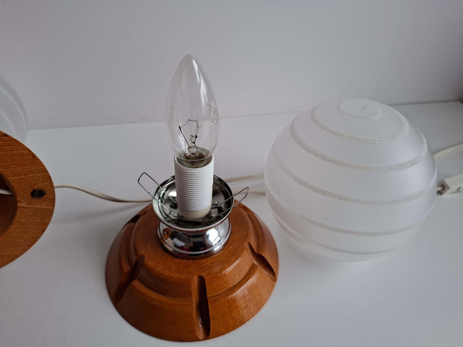 Pair Of Mid Century Czech Wood And Frosted Glass Table Lamps, 1990 photo vinterior