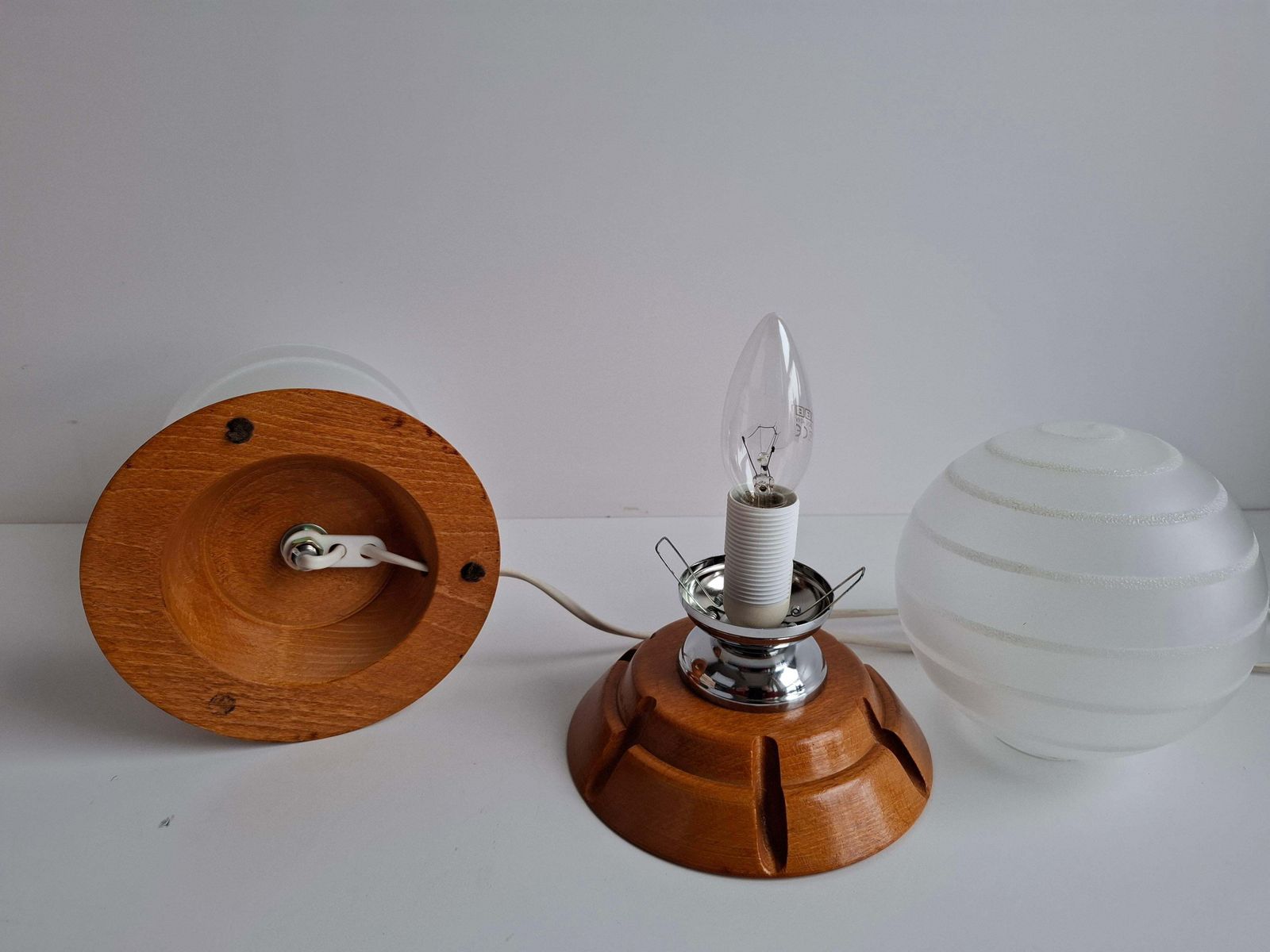 Pair Of Mid Century Czech Wood And Frosted Glass Table Lamps, 1990 photo buy