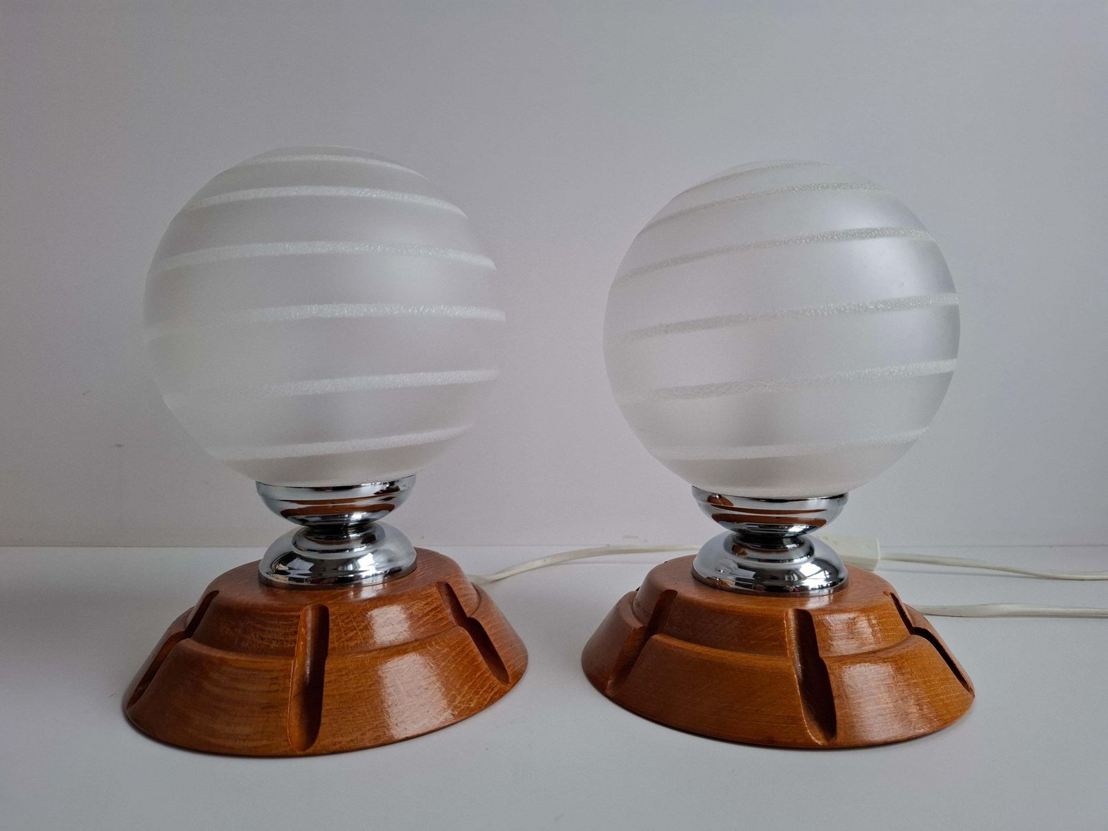 Lighting Pair Of Mid Century Czech Wood And Frosted Glass Table Lamps, 1990 photo