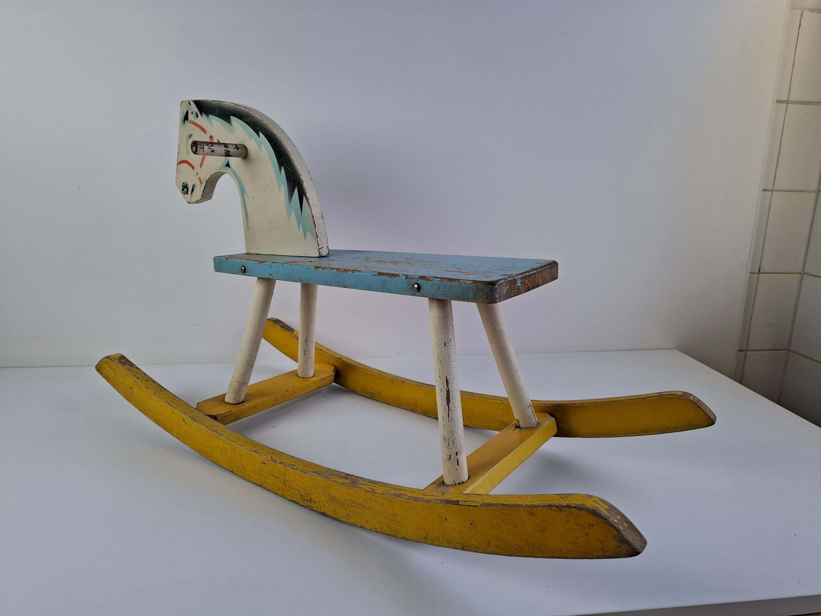 Mid Century Czechoslovak Wooden Rocking Horse, Hand Painted, 1960s photo vinterior