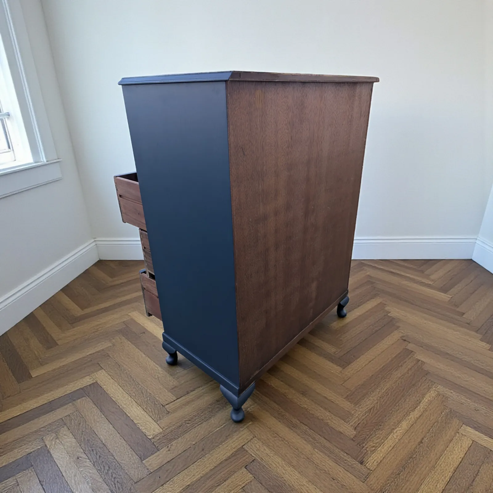Art Deco Navy Blue Walnut Burr Wood Chest Of Drawers photo Furniture