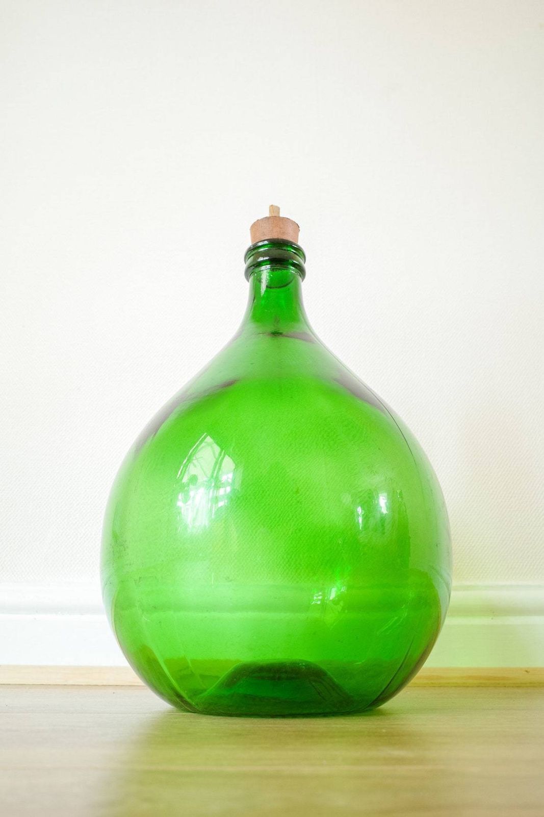 Glass Floor Standing Or Table Top Vase For Pampas Grass Foliage Or Flowers Antique Green Carboy  French Demijohn Bottle Style photo for sale