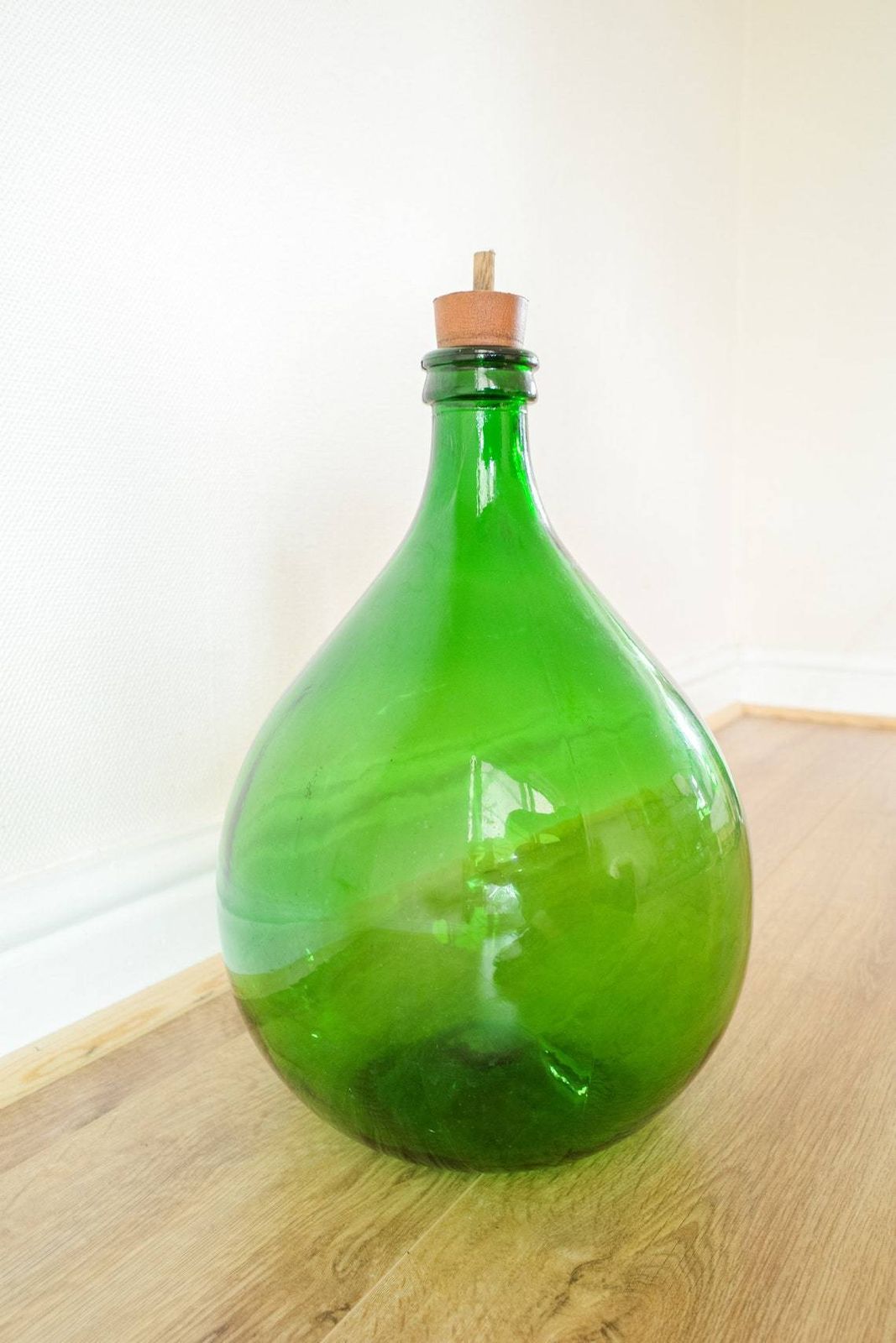 Glass Floor Standing Or Table Top Vase For Pampas Grass Foliage Or Flowers Antique Green Carboy  French Demijohn Bottle Style photo Lighting