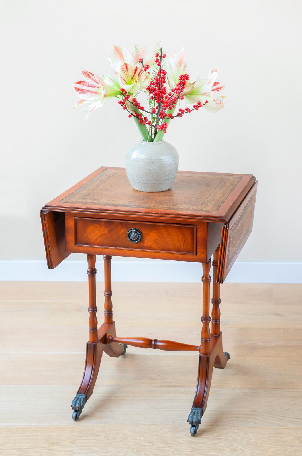 English Mahogany Pembroke Table – Victorian Style Drop Leaf Side Table   Leather Inlay, Turned Legs, Drawer, And Claw Casters photo Furniture